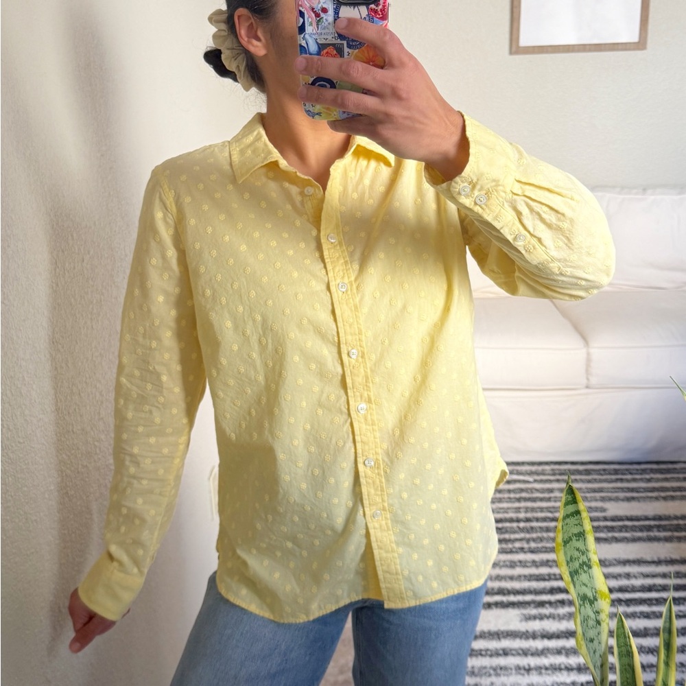 Talbots Yellow Embroidered Button Up Long Sleeve Collared